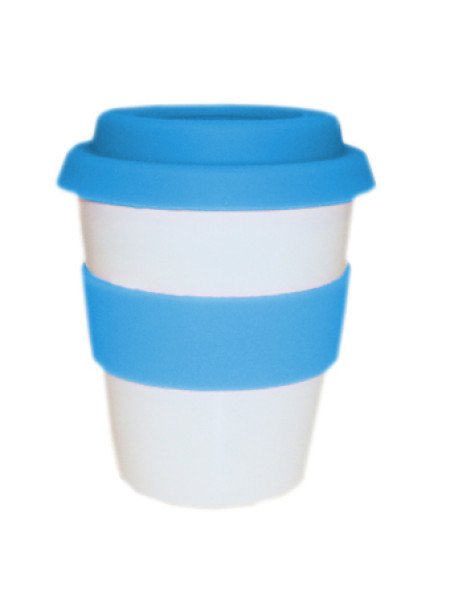 TAZA CON TAPA Y AGARRADERA DE SILICONA AZUL