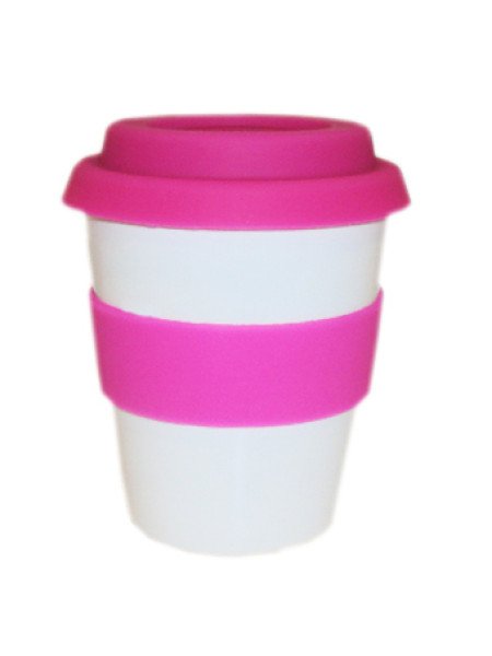 TAZA CON TAPA Y AGARRADERA DE SILICONA FUCCIA 