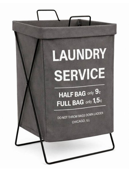 Cesto de Ropa Gris - Estampa Laundry Service - Estructura de Metal Rigida - Tela Impermeable - Plegable - 36 x 32 x 54 cm -
