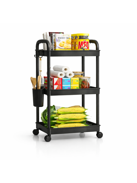 Carrito Plastico 3 estantes Negro - 34 x 25 x 70 cm -