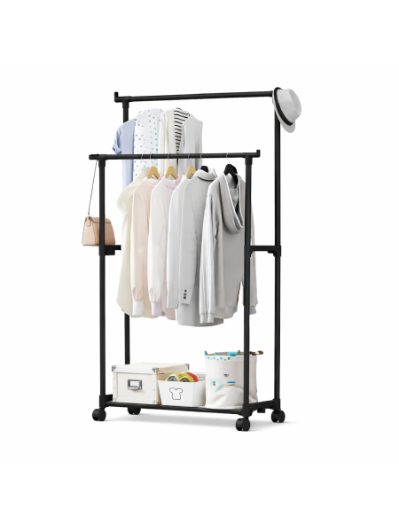 Perchero Doble Barral Negro con Ruedas - 60 x 35 x 150 cm -  PRECIO POR BULTO CERRADO - UxB: 20 uni.
