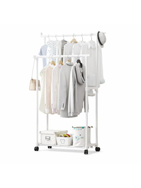 Perchero Doble Barral Blanco con Ruedas - 60 x 35 x 150 cm -