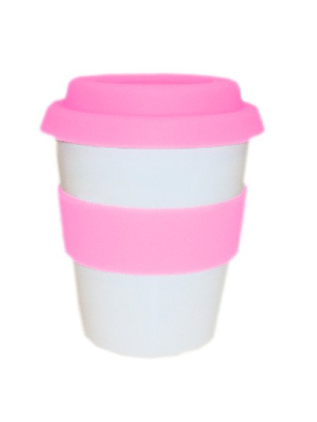 TAZA CON TAPA Y AGARRADERA DE SILICONA ROSA